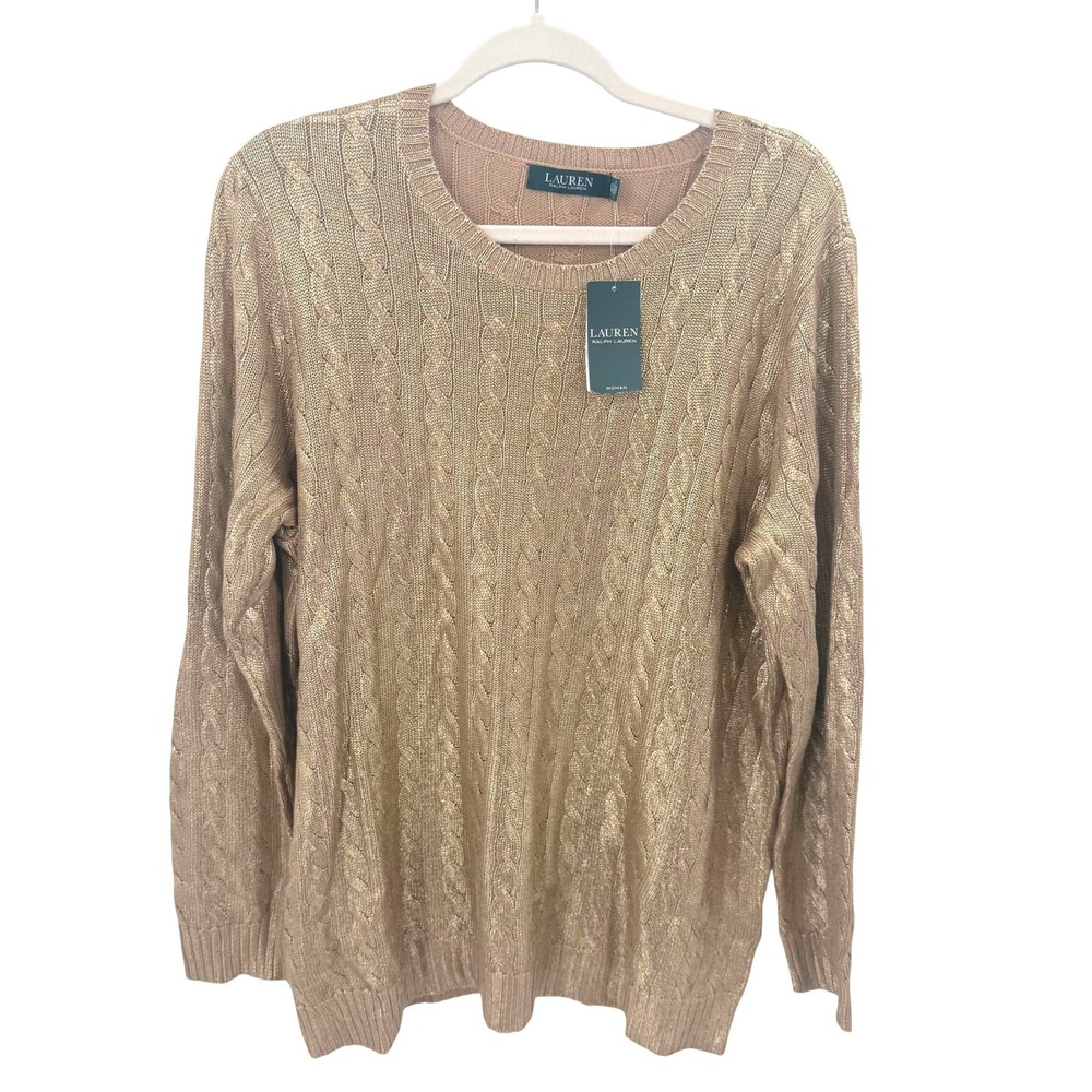 Lauren Ralph Lauren Woman Gold Metallic Cable Knit Sweater 2X New With Tags
